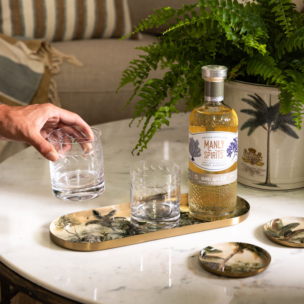 Vintage Palm Trays LARGE TRAY STYLED WITH GIN AND GLASSES ON COFFEE TABLE