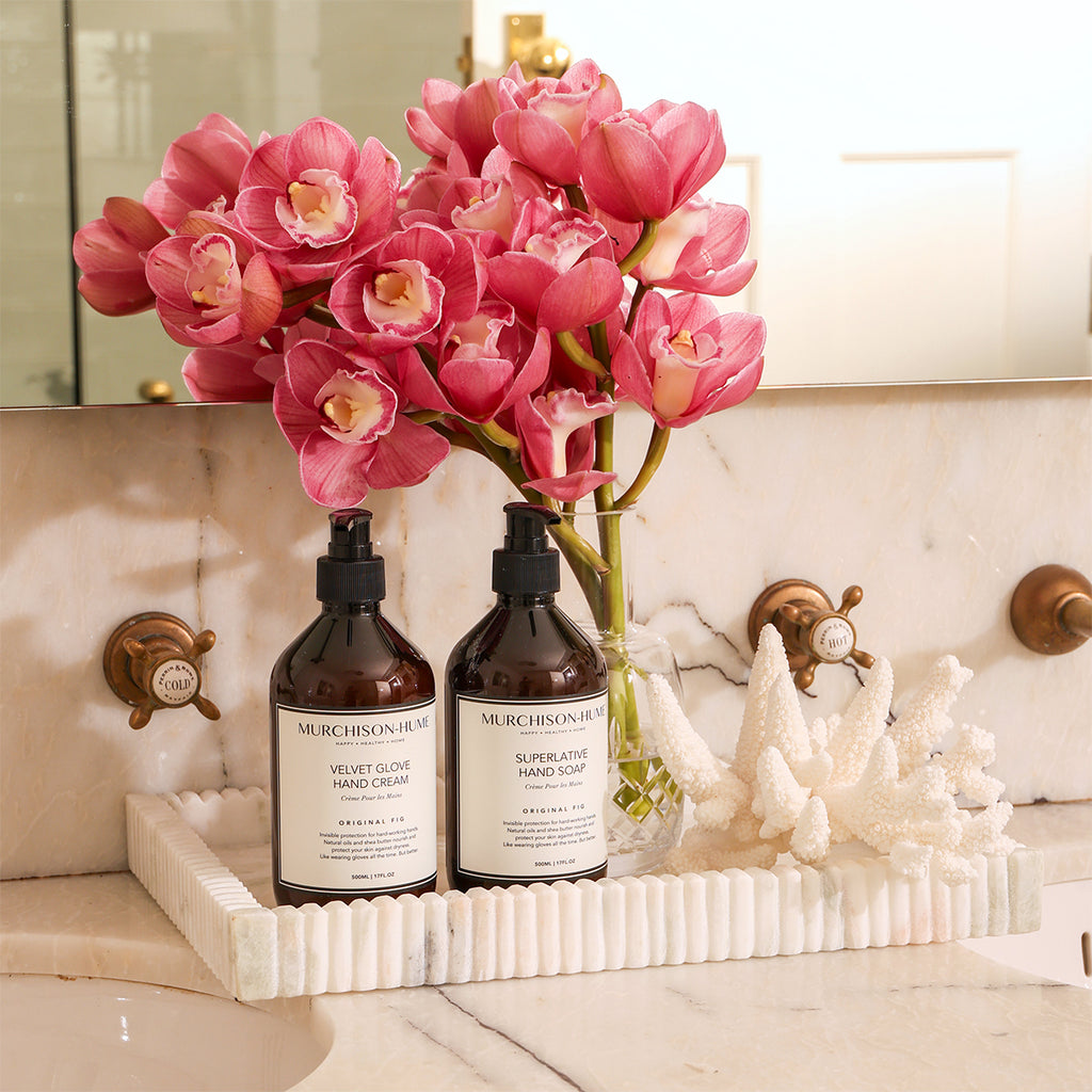 Marble Fluted Tray Styled in Bathroom with Flowers and Coral