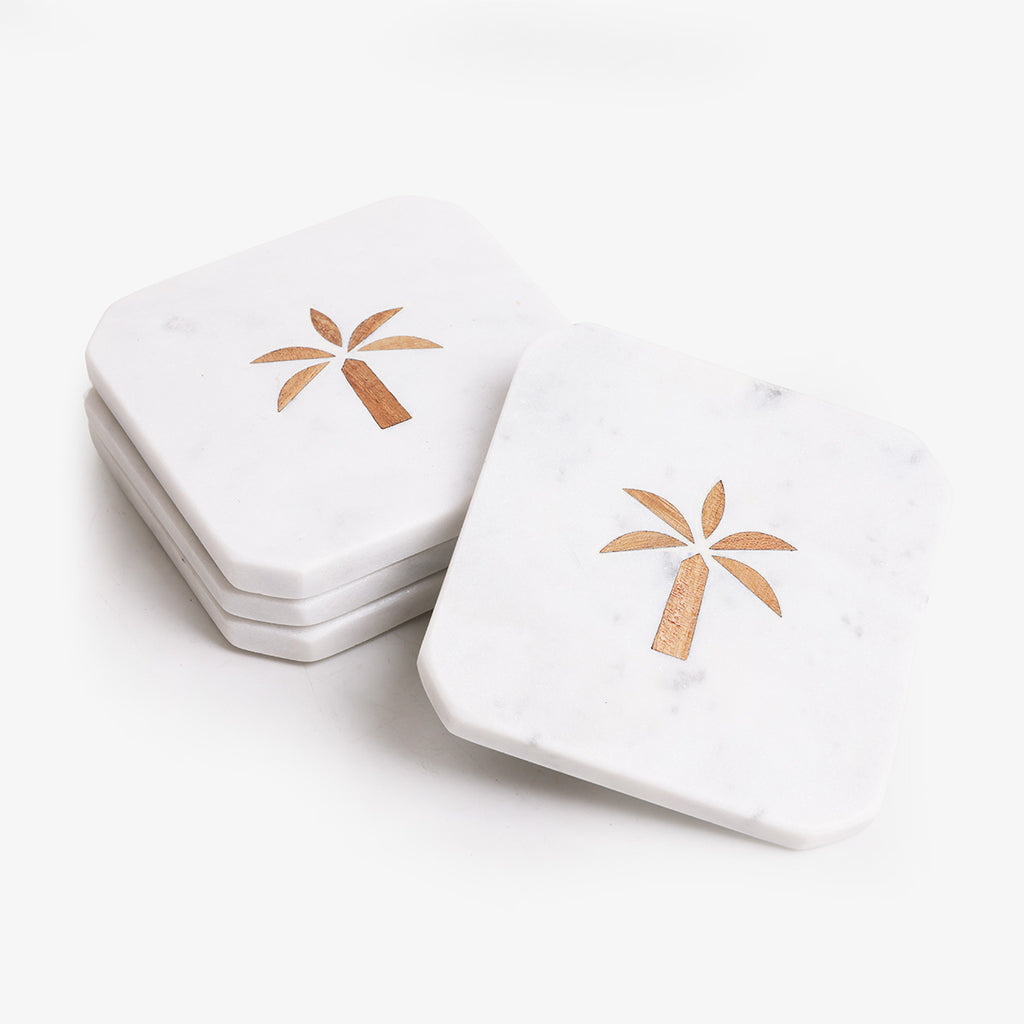 Marble Palm Coasters with Wood Inlay (Set of 4) Stacked