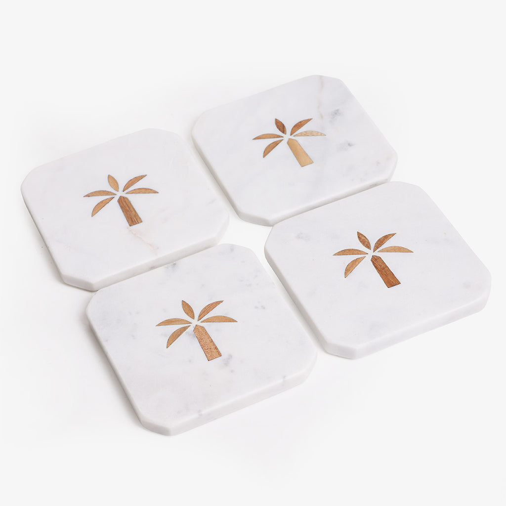 Marble Palm Coasters with Wood Inlay (Set of 4) Flat Lay