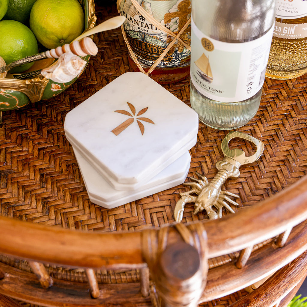 Marble Palm Coasters Styled on Ratan Bar Cart