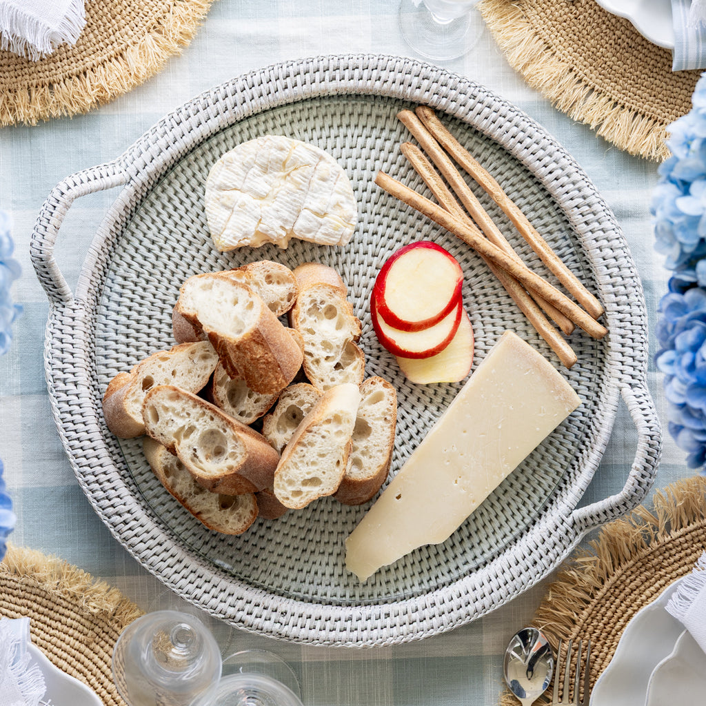 Rattan Cheese Tray With Handle White 43cm Styled on Dining Table with Cheese and Bread