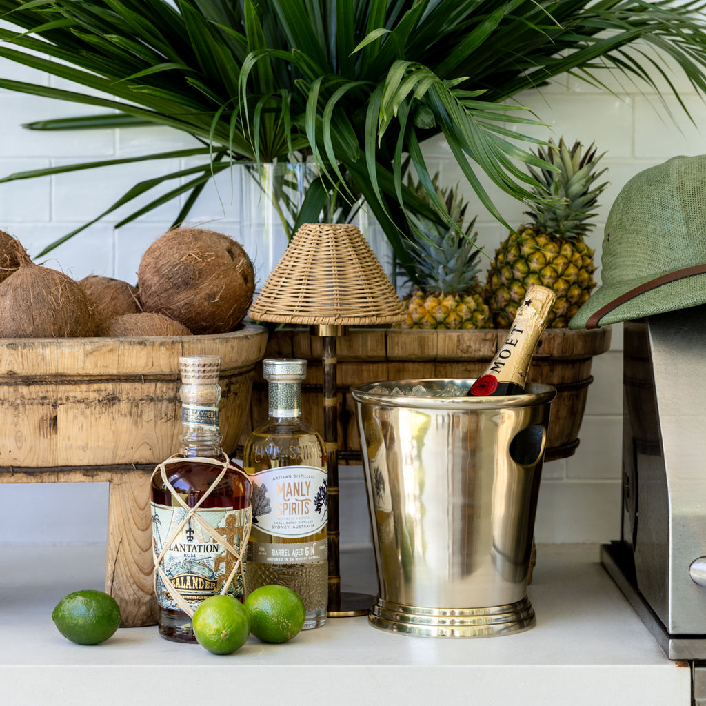 Wine Bucket (Gold) Styled on Outdoor Bar with Champagne