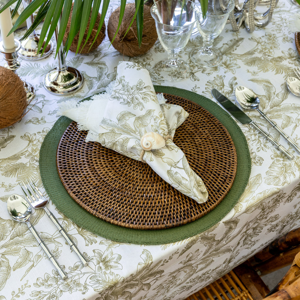 Woven Round Placemat (Green) Styled on Island Dining Table