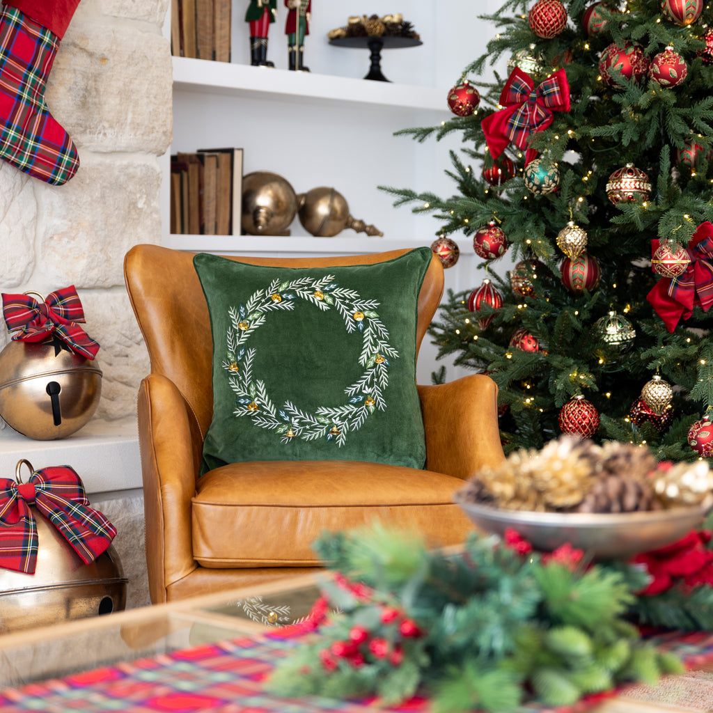 Wreath Velvet Cushion Cover (Green) Styled on Armchair with Christmas Tree Behind