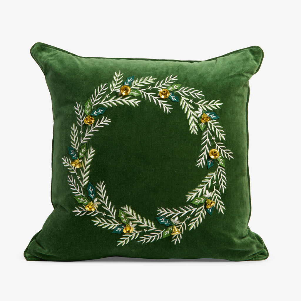 Wreath Velvet Cushion Cover (Green) Front View