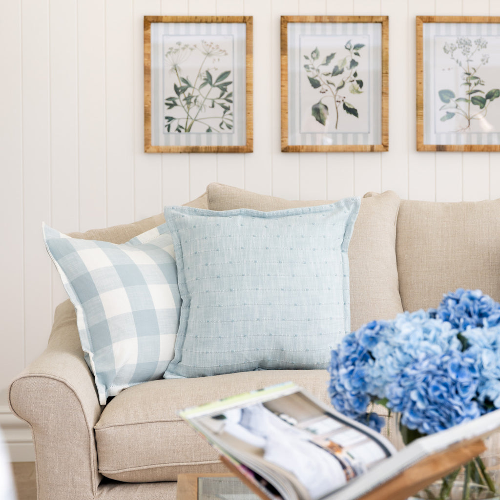 Xanthi Cushion Cover (Light Blue) Styled on Couch