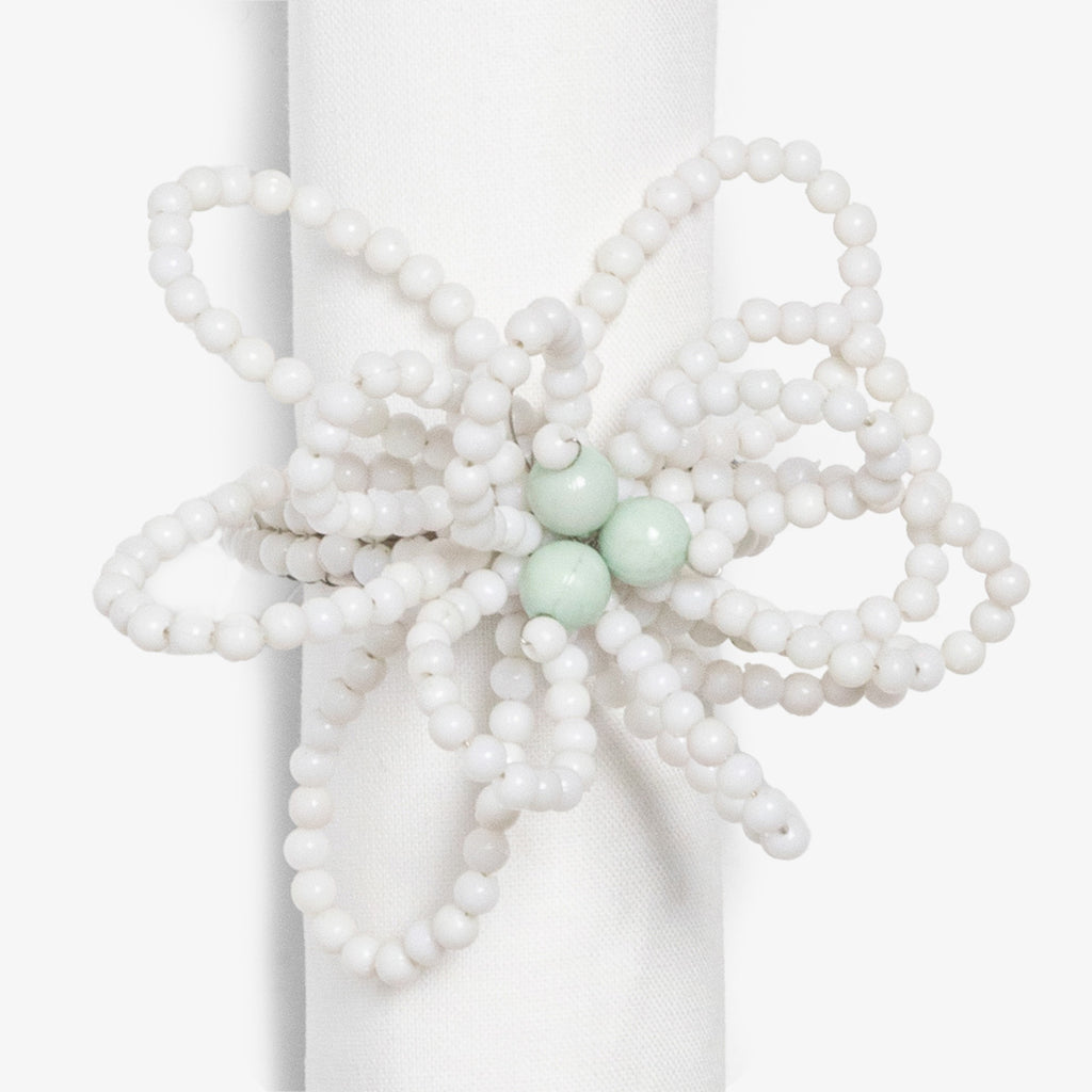 Flower Napkin Ring White & Aqua Beads