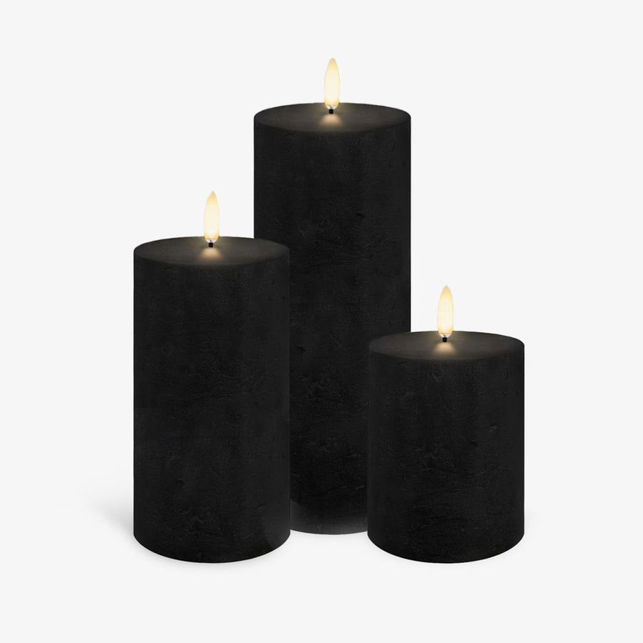 Black Pillar Flameless Outdoor Candles Grouped