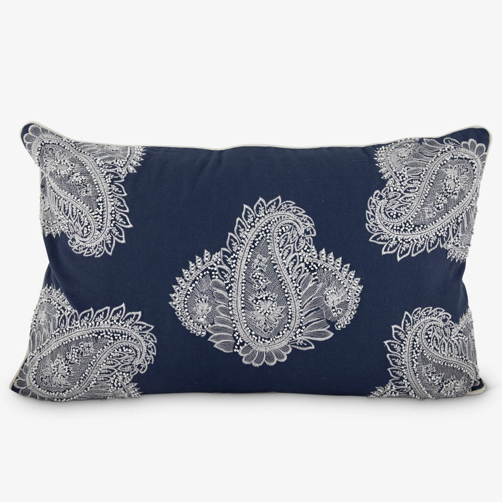 Paisley Embroidered Cushion Cover Blue & White Rectangular