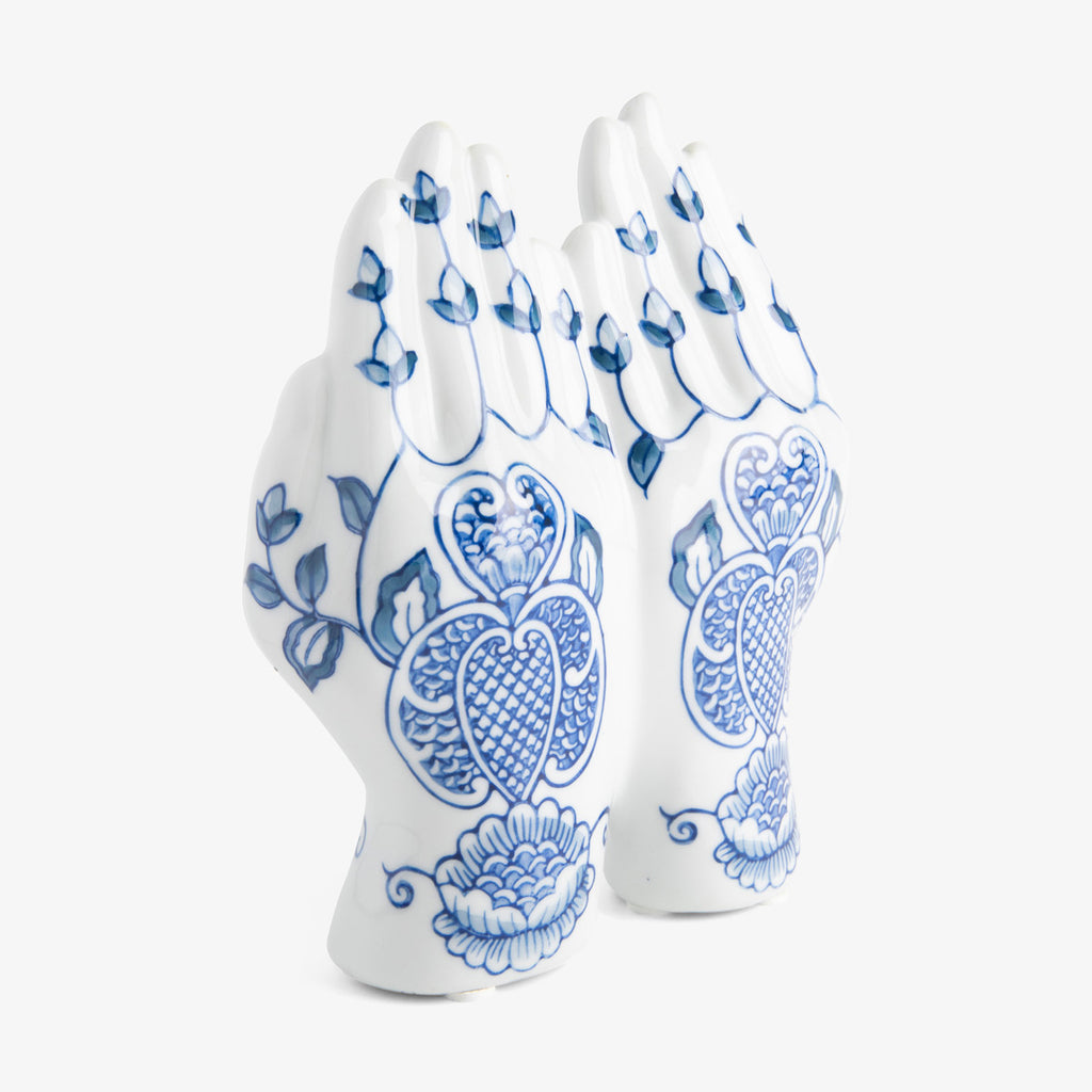 Ceramic Hands Sculpture Floral Blue & White