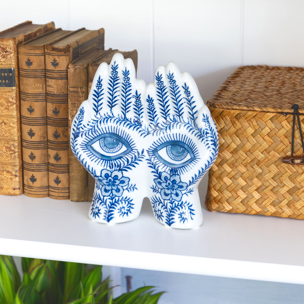 Ceramic Hands Sculpture Hamsa Hand of Fatima Blue & White