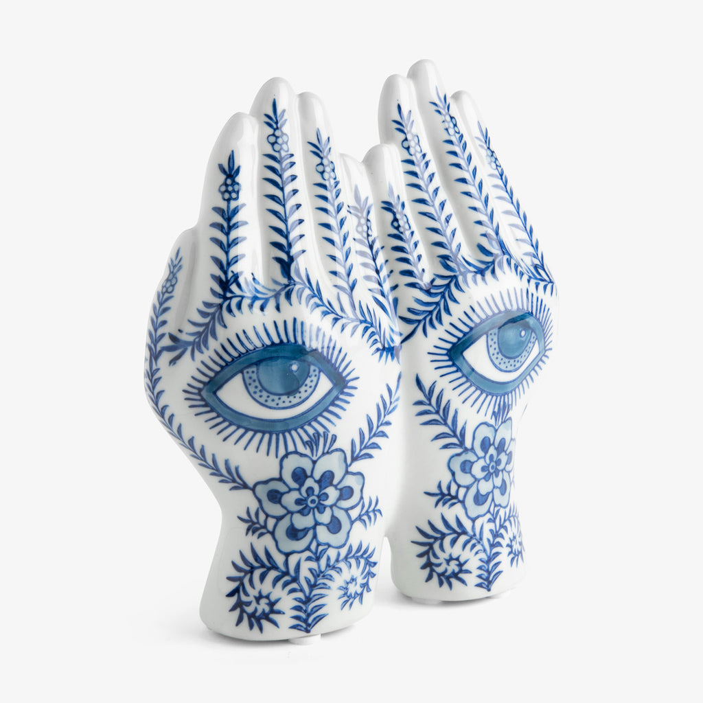 Ceramic Hands Sculpture Hamsa Hand of Fatima Blue & White