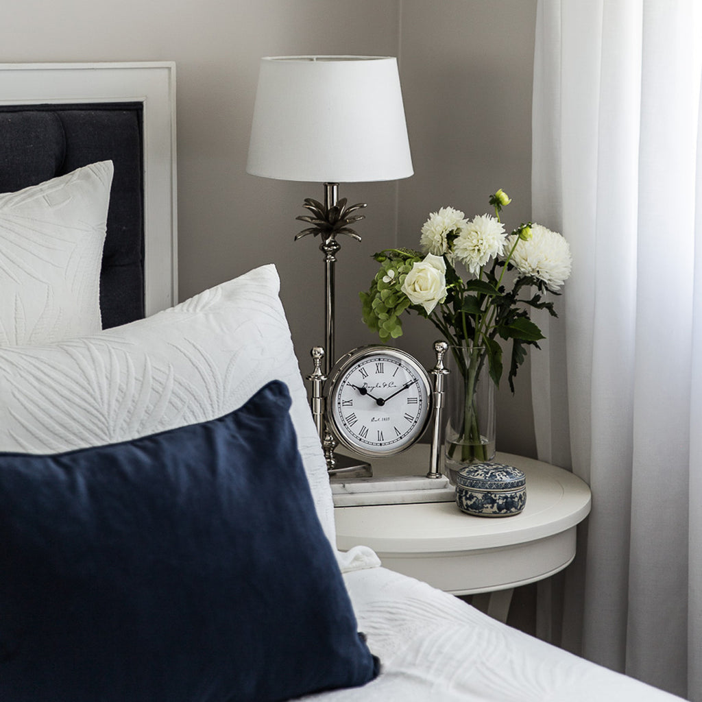 Palm Lamp Silver: White Shade Styled on Bed Side 1