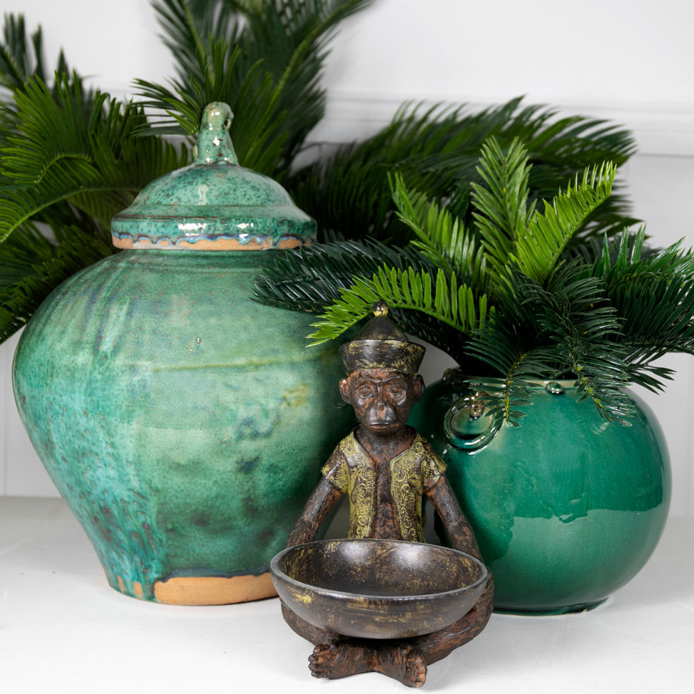 Abu Monkey & Bowl Styled With Green Pots