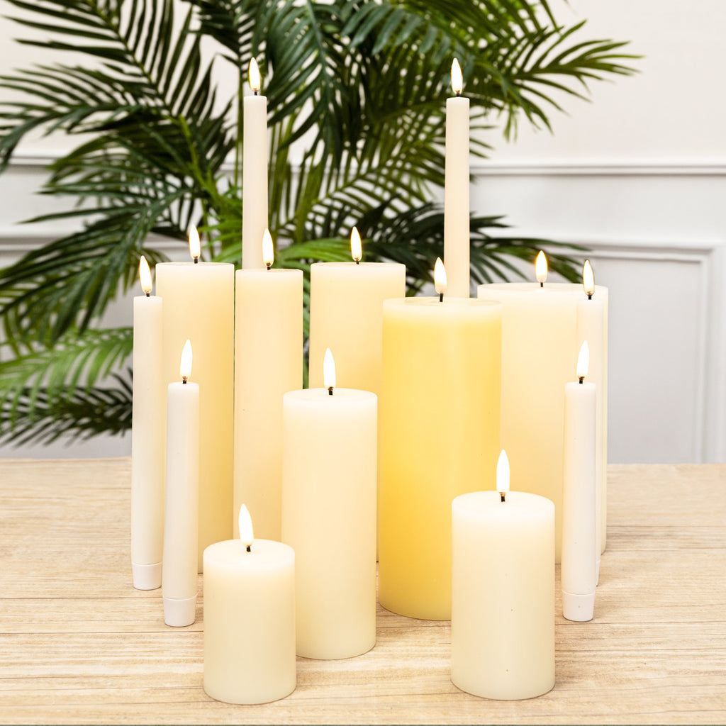 Classic Ivory Lux Flameless Candles 5cm Wide Grouped Styled