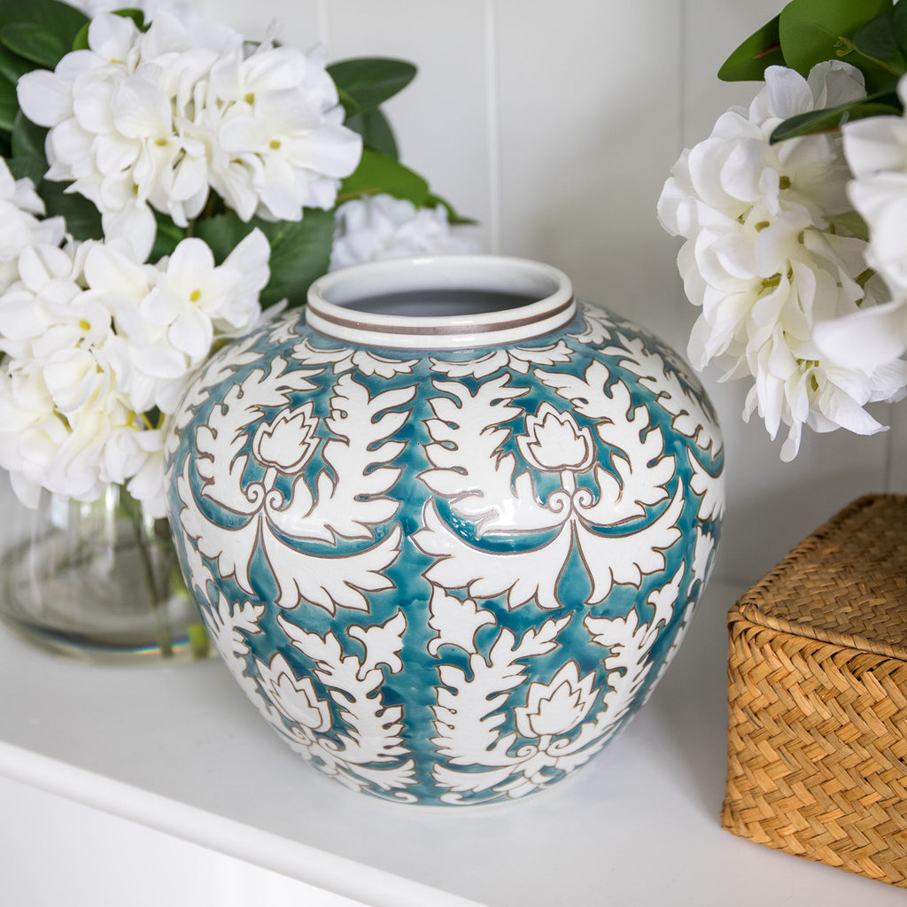 Leaf Crest Ceramic Vase Teal 20cm Styled