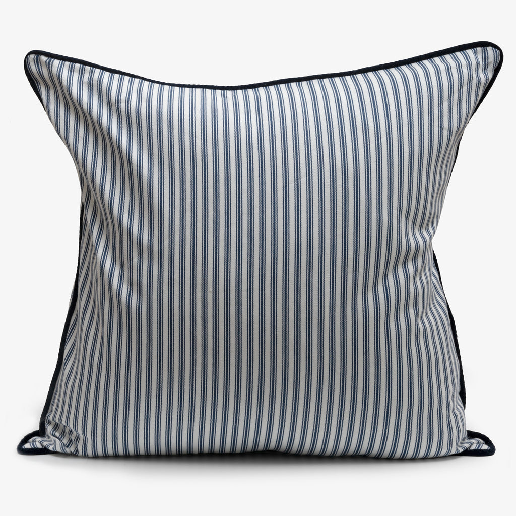 Navy Ticking With Velvet Piping Cushion Cover Front