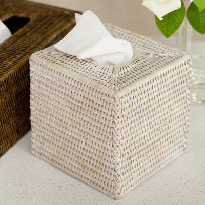 Rattan Tissue Box Cover White Square Styled