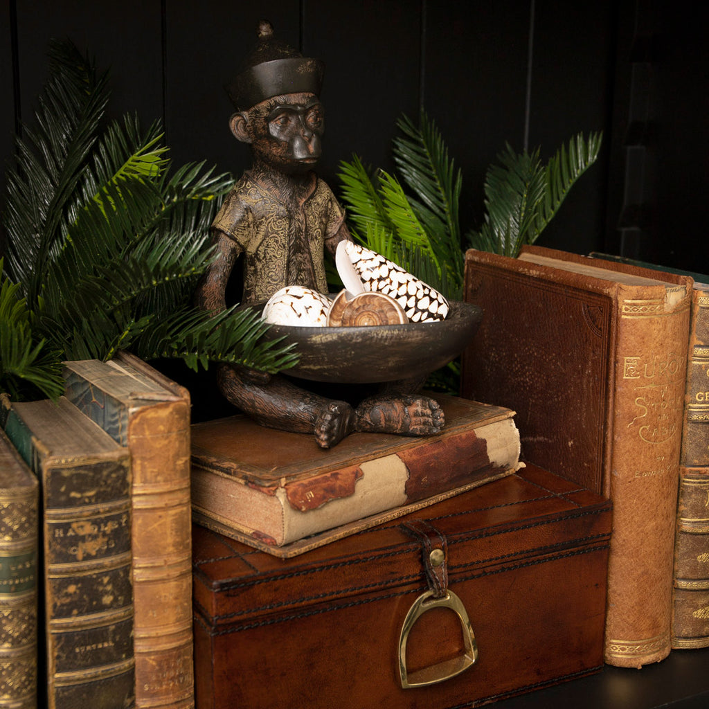 Abu Monkey & Bowl Styled On Black Bookcase