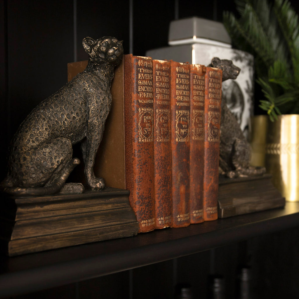 Cheetah Bookends On Black Bookcase