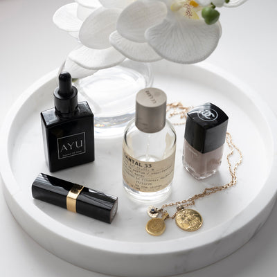 Como Marble Tray Round Styled With Beauty Products