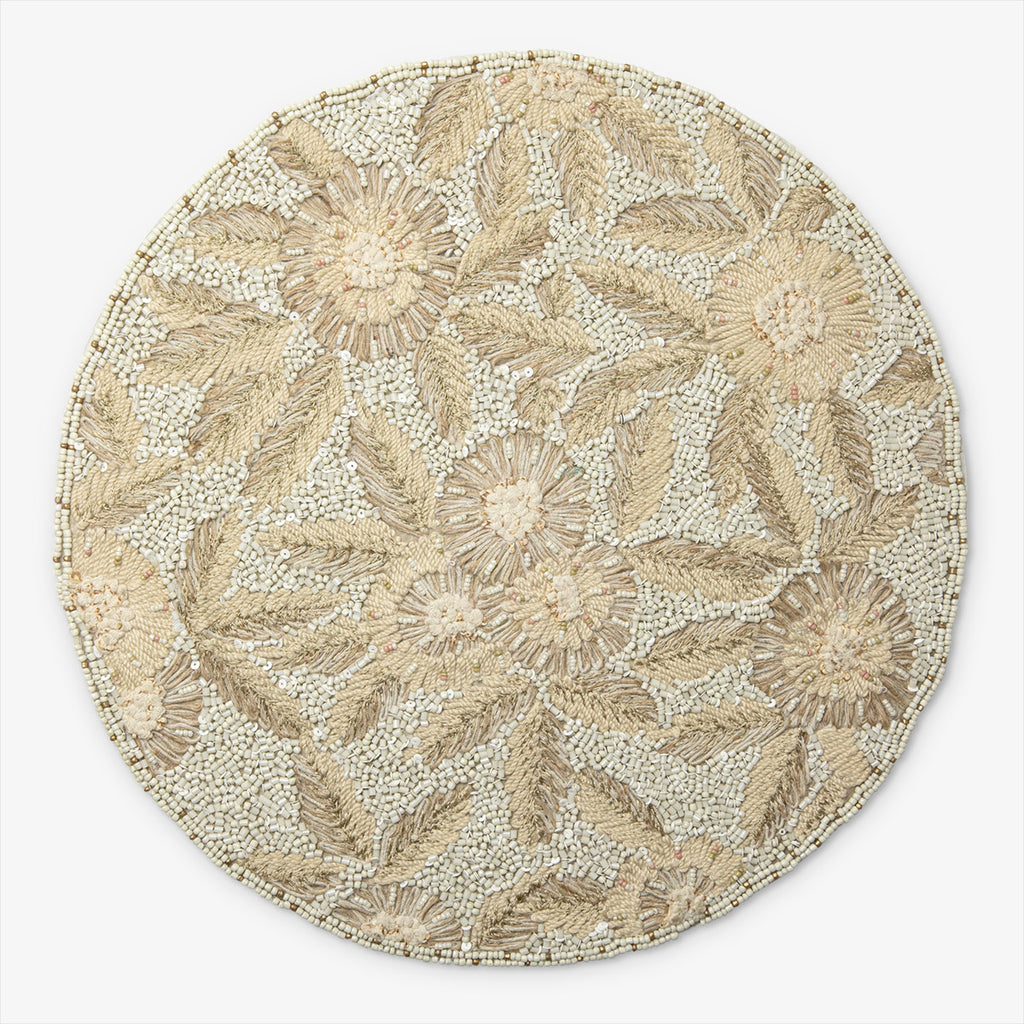 Embroidered & Beaded Flowers Placemat Natural 38cm Front