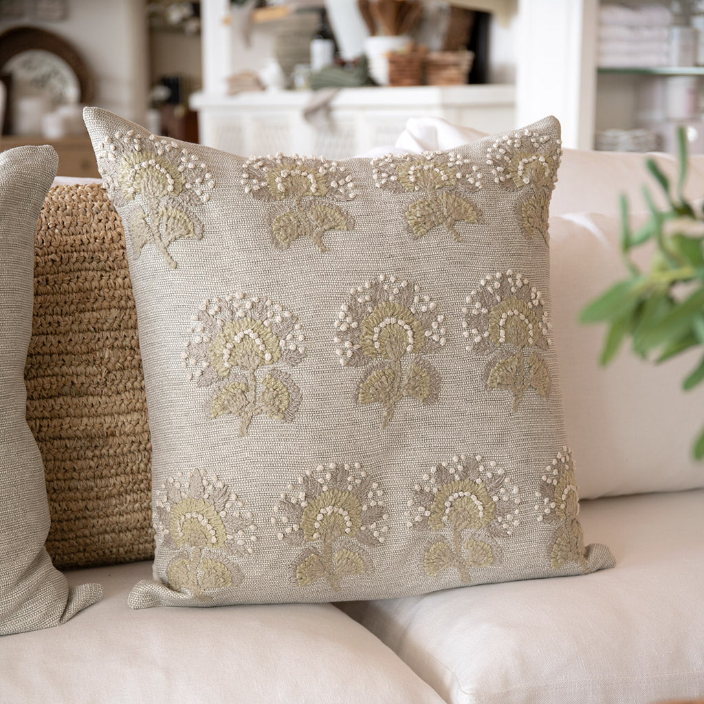 Embroidered Flowers On Natural Cushion Cover