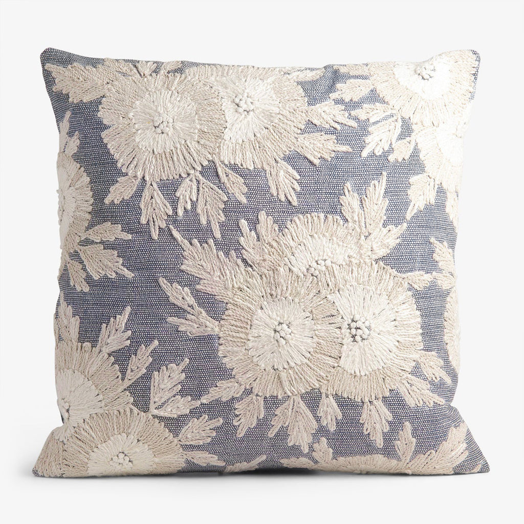 Embroidered Cream Flowers On White Dot Blue Cushion Cover