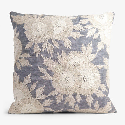 Embroidered White Flowers On White Dot Blue Cushion 50 x 50cm Front
