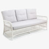 white Hampton style 3 seater wicker sofa with ecru cushions