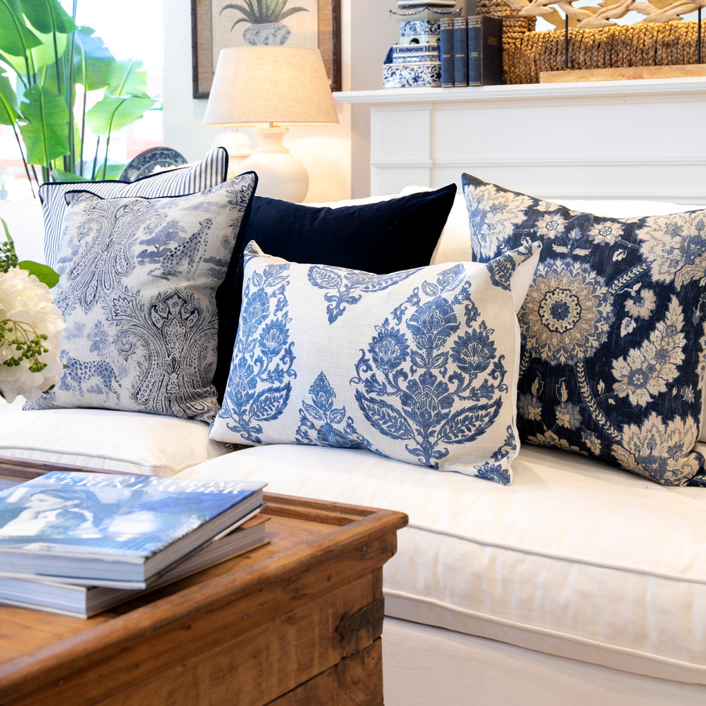 Blue Velvet Cushion 50 x 50cm Styled On Sofa 1