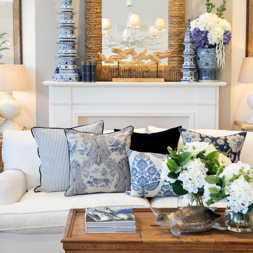 Blue Velvet Cushion 50 x 50cm Styled On Sofa 2