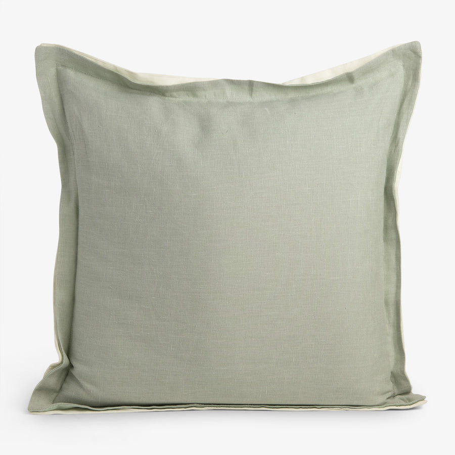 Linen Double Flange Cushion Eucalyptus & Off White 50 x 50cm Front