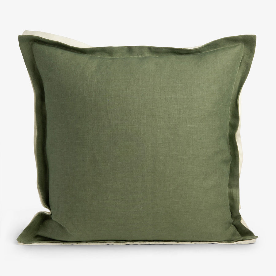 Linen Double Flange Cushion Olive & Off White 50 x 50cm Front