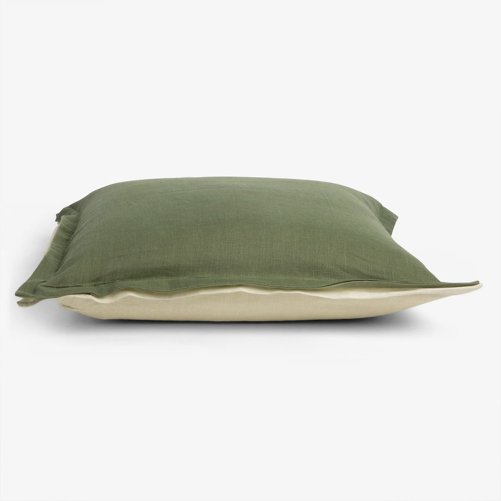 Linen Double Flange Cushion Cover Olive & Off White