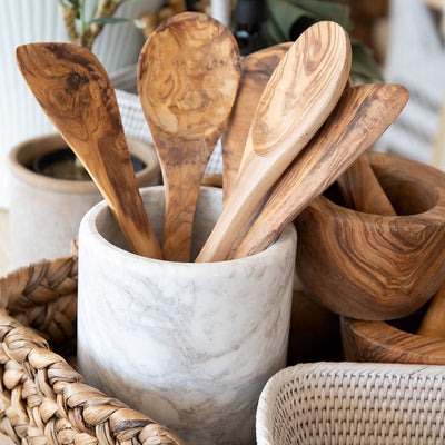 Olive Wood Serving Spoon Large Styled In Marble Utensil Holder