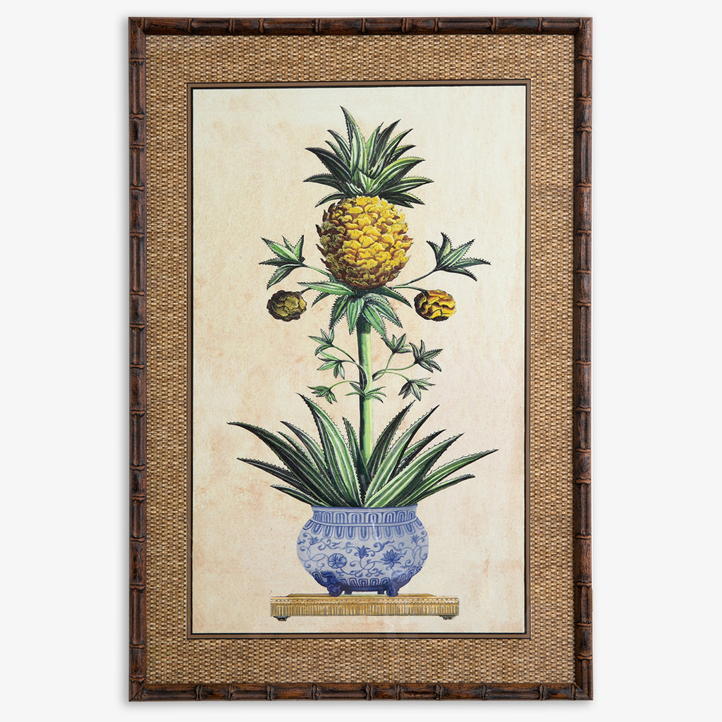 Pineapple Print Artwork Brown Rattan Frame Double Bud