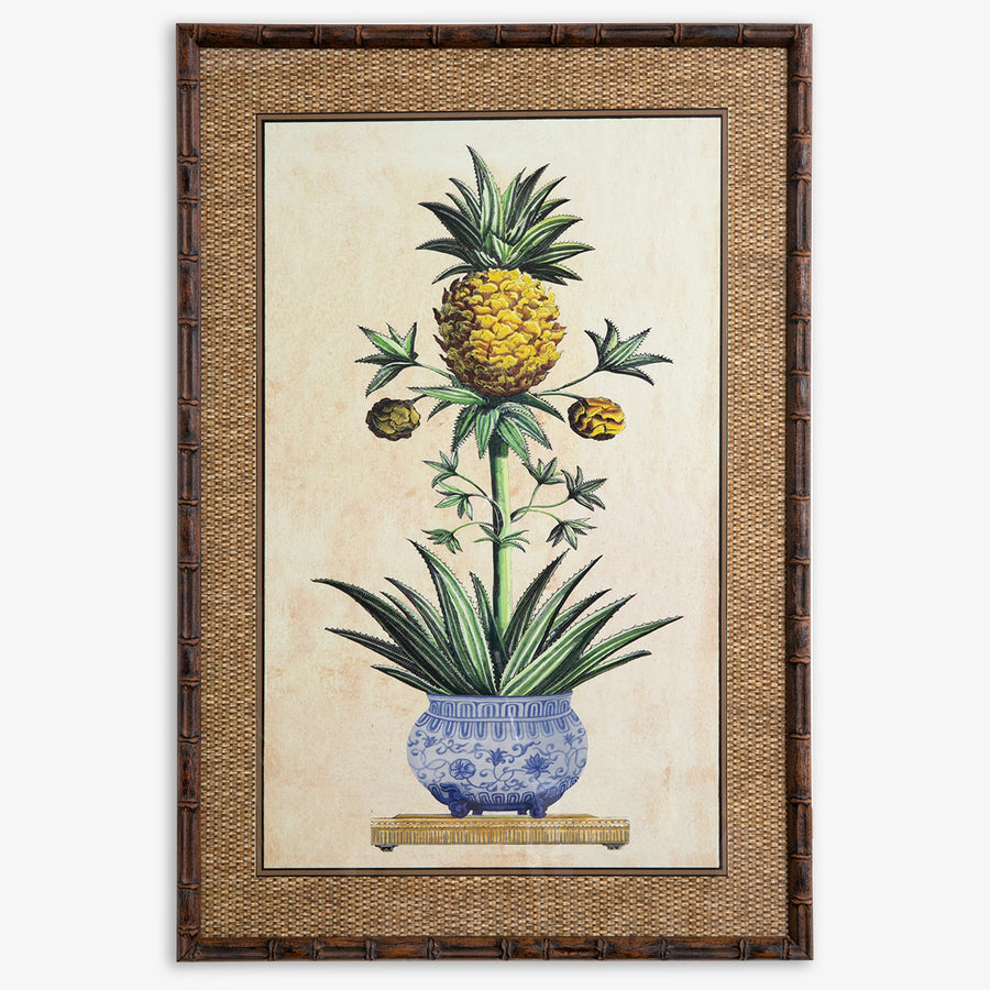 Pineapple Print Artwork Brown Rattan Frame Double Bud