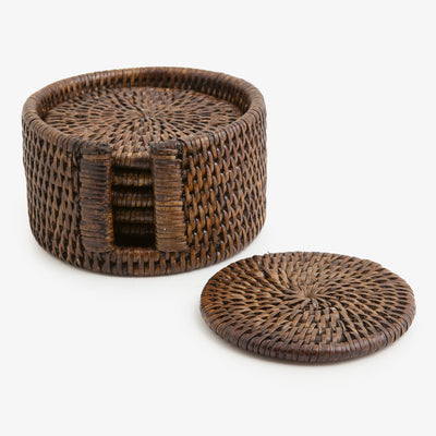 Rattan Coaster Set Round Brown