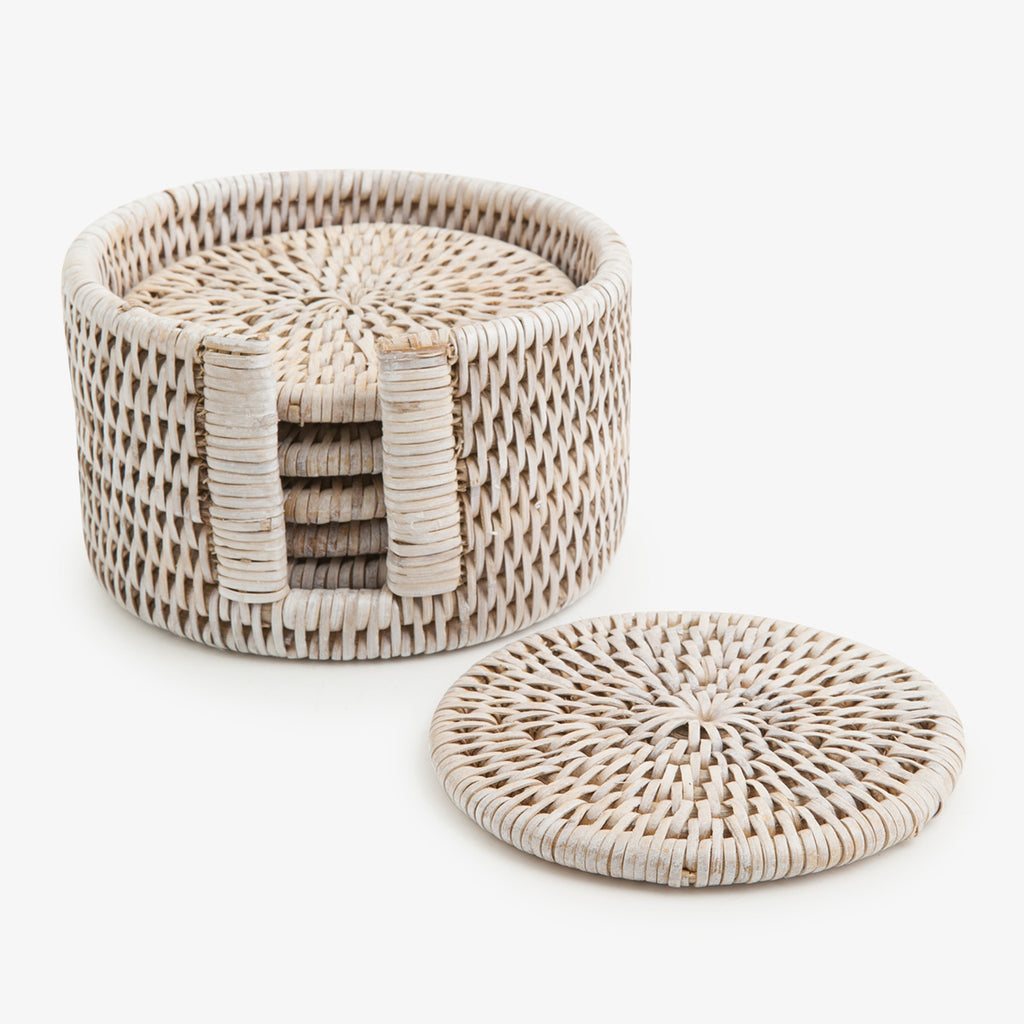 Round Rug Coasters Rattan Round Coaster Set (White Washed)