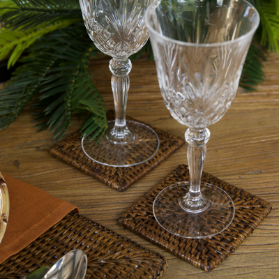 Rattan Coaster Set Square Brown Styled 