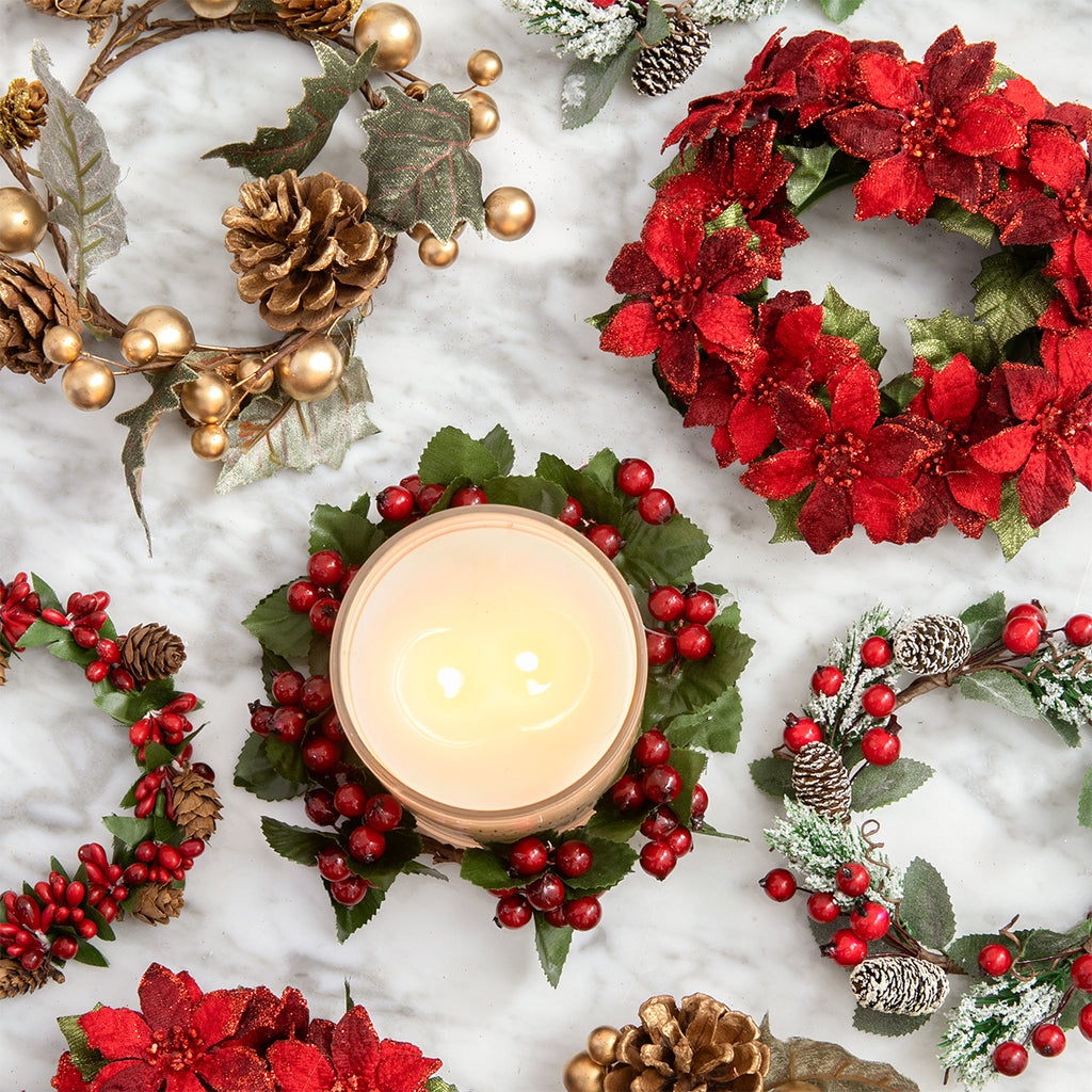 Red Berry & Pine Cone Candle Ring Styled