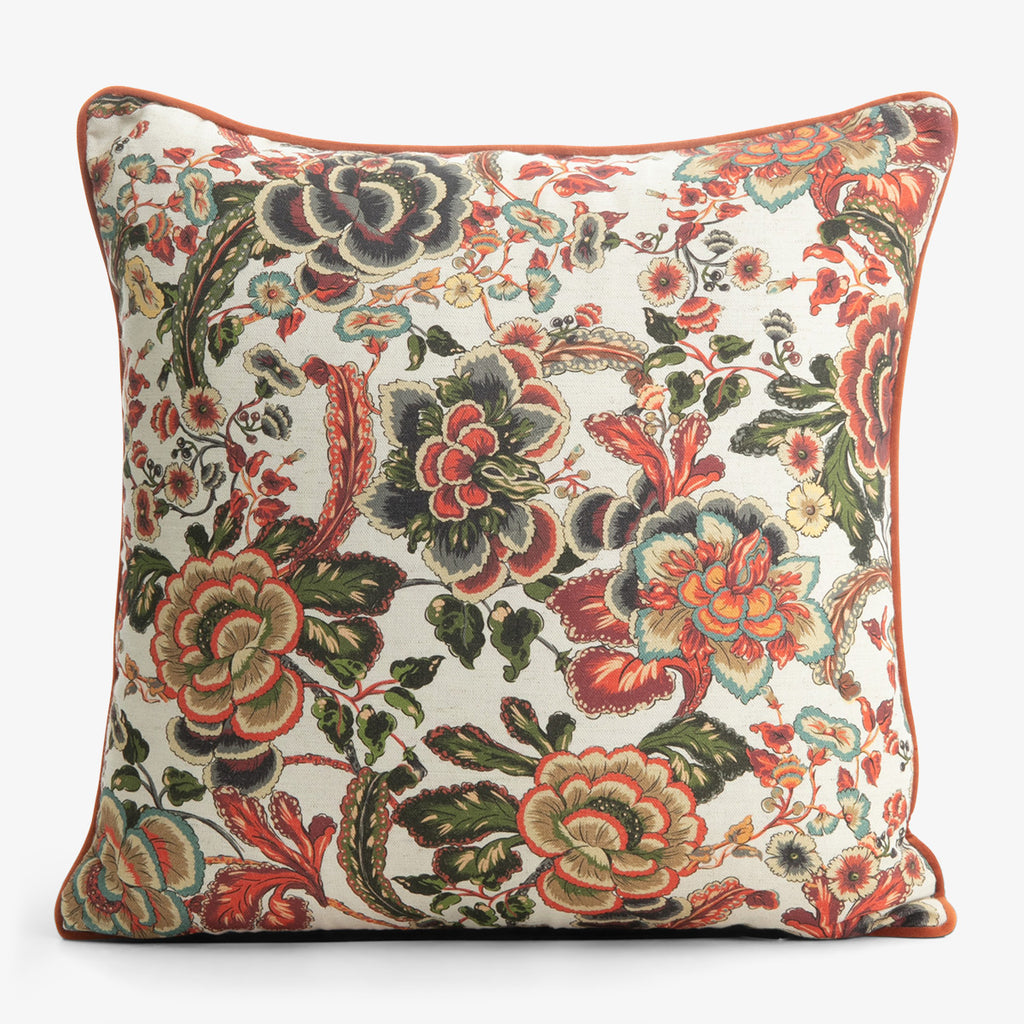 Sara Autumn Floral With Flax Back & Rust Piping Cushion Cover