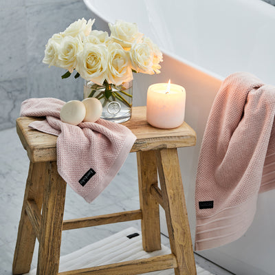 Bemboka Towels Blush Pink Styled On Stool